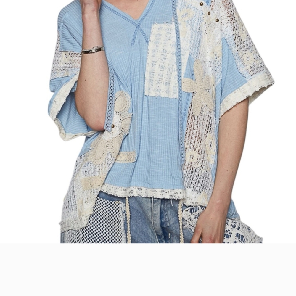 Blue and Cream Boxy Blouse with Relaxed Fit
